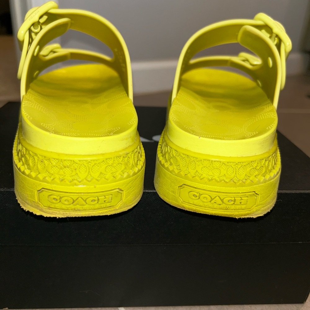 Coach Neon Yellow Double-Buckle Platform Sandals - Picture 2 of 6